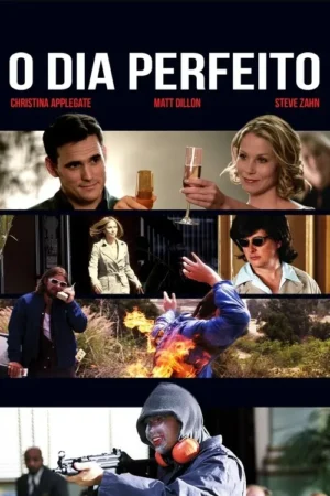 Pôster collage de cenas: Casal brinda, homem com celular e dinheiro, outro em chamas, figura encapuzada com arma. Caos e ação.