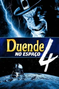 Pôster:Criatura verde de chapéu e dentes afiados com raios azuis ao fundo. Abaixo,módulo lunar em planeta com estrelas. Terror espacial.