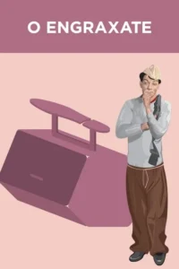 Homem de boné,camisa clara e calças largas,pensativo,ao lado de um grande banco de engraxate roxo. Fundo rosa claro.