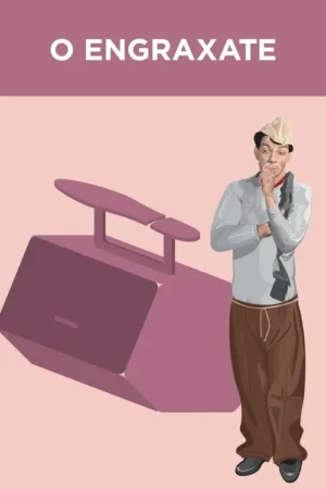 Homem de boné, camisa clara e calças largas, pensativo, ao lado de um grande banco de engraxate roxo. Fundo rosa claro.