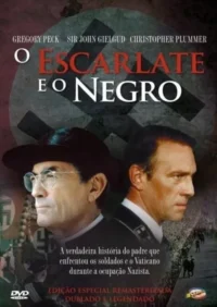 Pôster com dois homens sérios em perfil,um de chapéu e óculos,outro de uniforme,sobre fundo sombrio com símbolo nazista e soldados.