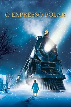 Um menino na neve olha para um trem a vapor com farol brilhante, em uma noite mágica e estrelada de inverno.