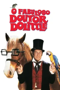Pôster com homem elegante de cartola sorrindo,papagaio na mão e cavalo de óculos ao lado. Rato no topo. Clima divertido e fantástico.