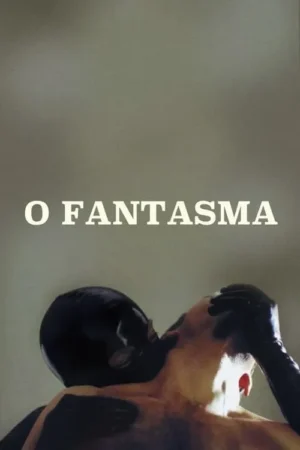 Pôster com duas figuras em pose íntima. Uma com máscara e luvas de látex preto abraça o pescoço de outra, nua e extasiada. Fundo neutro.