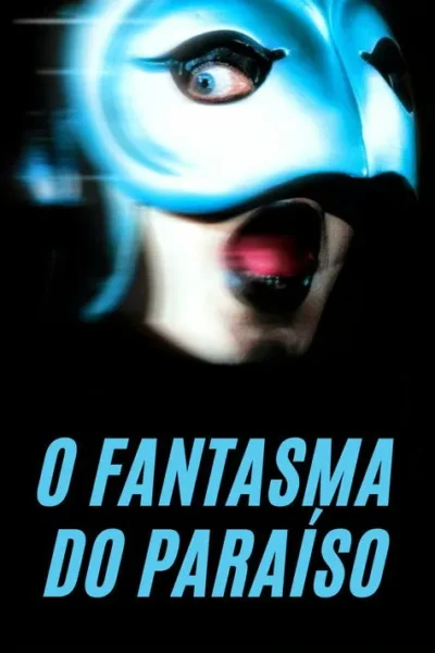 Rosto em máscara azul-claro futurista, com um olho visível e boca aberta brilhando em vermelho. Fundo preto intenso cria clima sombrio.