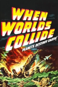 Pôster de desastre sci-fi:pessoas em pânico em ondas gigantes,cidade em ruínas e fogo,foguete decolando. Clima apocalíptico.