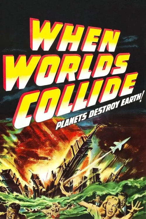 Pôster de desastre sci-fi: pessoas em pânico em ondas gigantes, cidade em ruínas e fogo, foguete decolando. Clima apocalíptico.