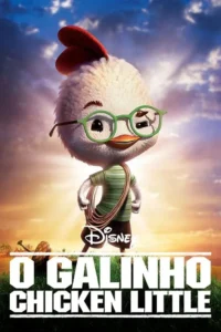 Um pintinho branco fofo de óculos e camisa listrada,com corda,em pé contra céu vibrante e grama. Clima de aventura.