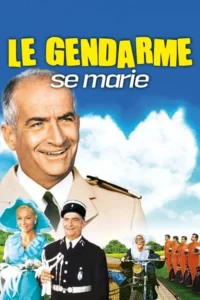 Homem sorridente em uniforme de gendarme. Abaixo: um casal, freira de moto e presos em fila. Céu azul, clima cômico.