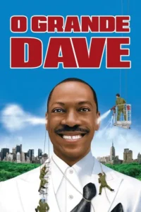 Eddie Murphy sorri,gigante. Pequenos trabalhadores escalam seu terno e lavam sua orelha com um esguicho,num cenário de cidade. Humor.