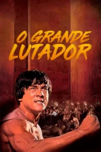 Pôster: Homem musculoso e suado com expressão intensa, punho cerrado, e uma multidão em luta ao fundo. Tons quentes e dramáticos.