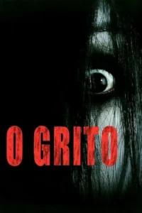 Rosto pálido e um olho arregalado,coberto por cabelo preto longo,emergindo do fundo escuro. Clima de terror.