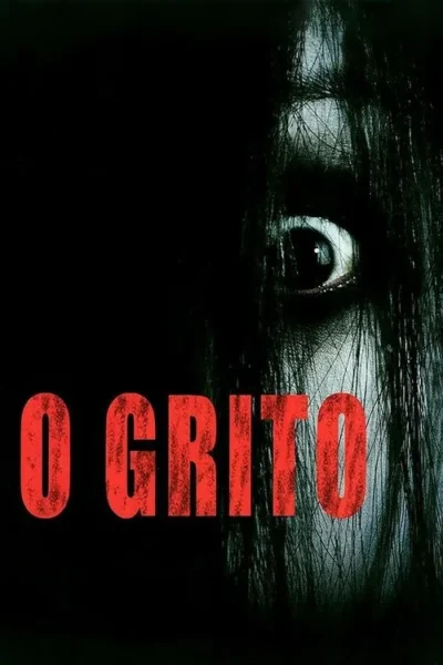 Rosto pálido e um olho arregalado, coberto por cabelo preto longo, emergindo do fundo escuro. Clima de terror.