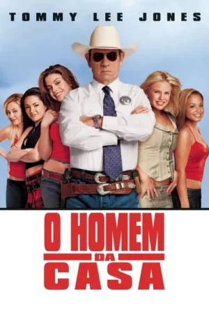 Pôster: homem sério de chapéu, óculos escuros e distintivo policial, braços cruzados. Cinco mulheres sorridentes o cercam. Fundo azul claro.