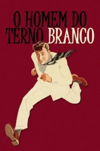 Pôster vintage: Homem sorridente de terno branco e lenço listrado correndo, em fundo vermelho escuro.