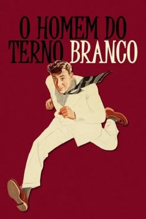 Pôster vintage: Homem sorridente de terno branco e lenço listrado correndo, em fundo vermelho escuro.