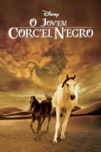 Dois cavalos (adulto e potro) em um deserto arenoso sob um céu alaranjado e dramático. Um cavalo preto empinado se forma nas nuvens.