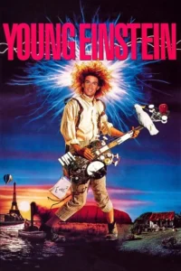 Homem sorridente de cabelo espetado com aura elétrica, segurando uma guitarra engenhoca. Cenário surreal com Torre Eiffel e paisagens australianas. Aventura e excentricidade.