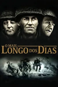 Pôster escuro. Três soldados com capacetes em close-up, sérios, sobre cena de batalha com fumaça. Clima dramático de guerra.