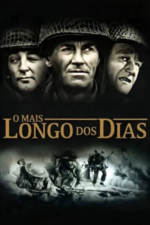 Pôster escuro. Três soldados com capacetes em close-up, sérios, sobre cena de batalha com fumaça. Clima dramático de guerra.