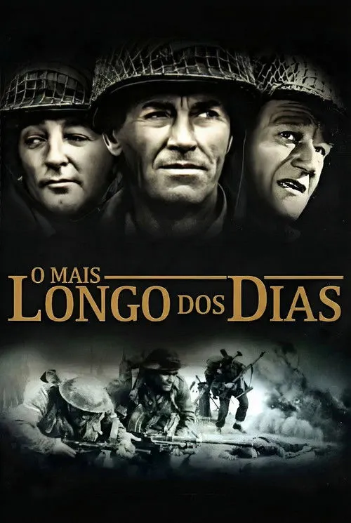 Pôster escuro. Três soldados com capacetes em close-up, sérios, sobre cena de batalha com fumaça. Clima dramático de guerra.