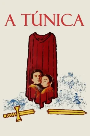Pôster: Casal abraçado sob túnica vermelha. Fundo com batalha azul, espada dourada partida. Clima dramático, histórico.