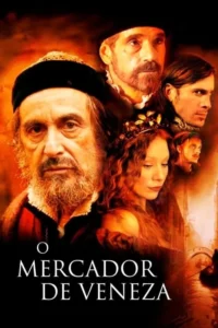 Pôster dramático com homem barbudo à frente,mulher de coroa e 3 homens em trajes de época. Fundo avermelhado com canais.