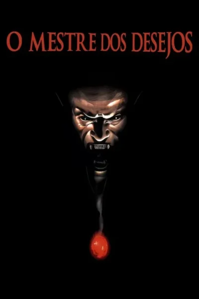 Pôster de horror: rosto demoníaco pálido com olhos e dentes brilhantes. Fumaça leva a orbe vermelha incandescente na escuridão.