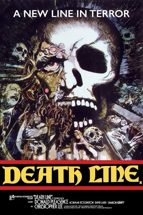 O Metrô da Morte 1 Ilustração de horror:rosto monstruoso meio crânio,meio podre,sobre pilhas de corpos. Tons escuros,atmosfera macabra e perturbadora.