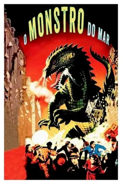 Pôster: Monstro reptiliano gigante ataca uma cidade, destruindo prédios. Pessoas apavoradas correm em pânico. Cenário caótico de sci-fi.