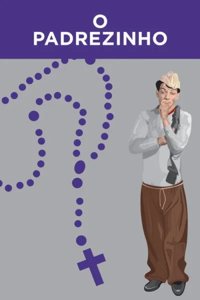 Homem pensativo com chapéu e expressão séria, segurando um objeto escuro. Um grande rosário roxo pende à esquerda. Fundo cinza.