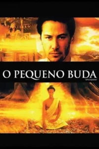 Rosto de homem sério acima de Buda meditando sob árvore. Cena antiga e paisagem em tons de laranja e dourado,com luz intensa.