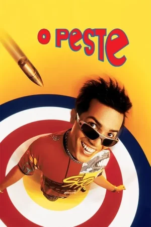 Homem sorridente de óculos escuros, cabelo espetado, no centro de um alvo. Uma bala voa no fundo amarelo brilhante. Clima caótico e divertido.