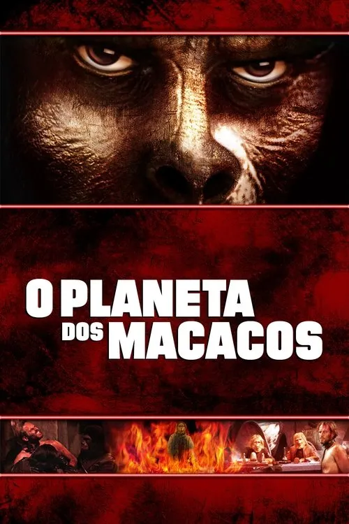 Pôster escuro e vermelho com o rosto sério e ameaçador de um símio no topo. Abaixo,cenas de humanos em perigo e chamas. Clima tenso.