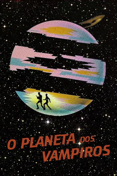 Duas silhuetas armadas correm sobre um planeta fragmentado de tons pastel, sob um céu estrelado. Uma nave espacial paira. Clima sci-fi e de exploração.