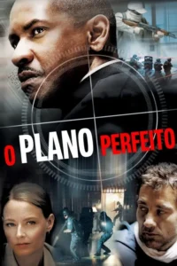 Rostos intensos de um homem em terno com mira,uma mulher e outro homem. Cenas de assalto a banco com equipes táticas. Pôster de suspense.