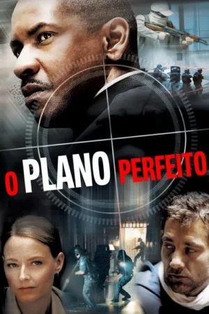 Rostos intensos de um homem em terno com mira, uma mulher e outro homem. Cenas de assalto a banco com equipes táticas. Pôster de suspense.