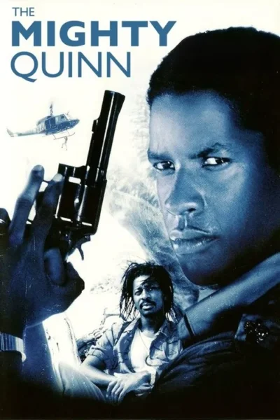 Pôster azulado. Rosto intenso de homem em close, mão com revólver. Outro homem com dreads, helicóptero em cenário tropical. Ação, suspense.