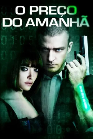 Um homem sério com arma e uma mulher determinada. Ele tem números verdes no braço. Fundo digital verde-escuro. Clima futurista e de ação.