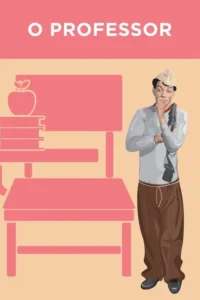 Desenho de um homem de chapéu,pensativo,ao lado de uma carteira rosa com livros e maçã. Cenário escolar.