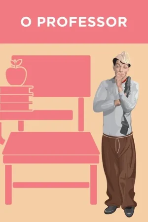 Desenho de um homem de chapéu, pensativo, ao lado de uma carteira rosa com livros e maçã. Cenário escolar.