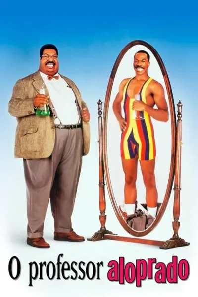 Homem corpulento sorri, segurando um béquer, enquanto seu reflexo no espelho é um homem musculoso e sorridente em collant listrado. Clima divertido.