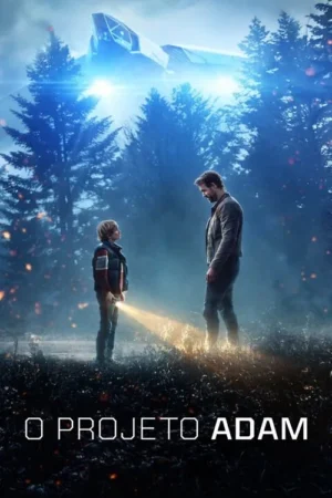 Homem e menino em floresta escura. Nave futurista azul brilhante no céu. Menino com lanterna ilumina o chão com faíscas. Clima sci-fi.