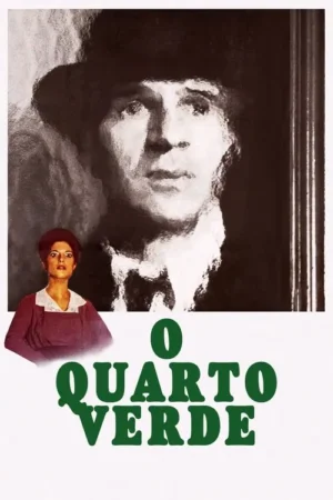 Rosto sépia e distorcido de um homem de chapéu, com olhar melancólico, paira sobre uma mulher de vestido vinho e expressão preocupada.
