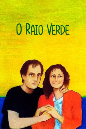 Ilustração de um casal. Homem de preto com olhar sério, abraça mulher de vermelho que sorri. Fundo vibrante em tons de amarelo e verde.