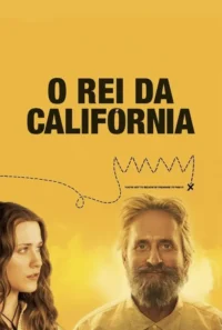 Pôster amarelo. Jovem séria e homem barbudo sorridente. Uma trilha pontilhada de mapa de tesouro forma coroa sobre o homem.