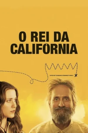 Pôster amarelo. Jovem séria e homem barbudo sorridente. Uma trilha pontilhada de mapa de tesouro forma coroa sobre o homem.