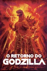 Um monstro gigante e reptiliano avermelhado domina uma cidade em chamas,com raios no céu apocalíptico.