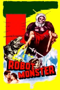 Pôster vibrante: monstro peludo com capacete de TV e caveira segura mulher, lagarto gigante e cidade em caos. Clima sci-fi/terror B-movie.