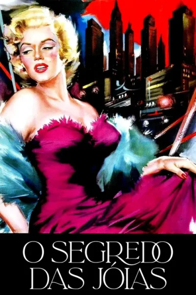 Loira glamorosa em vestido rosa strapless, com estola azul, à frente de arranha-céus contra um céu vermelho. Clima noir.